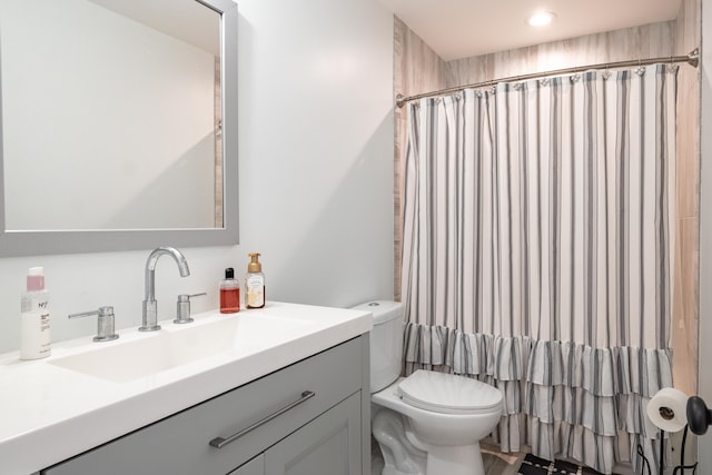 bathroom featuring toilet, vanity, and a shower with shower curtain