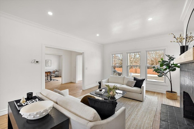 living room with ornamental molding, a fireplace, and light hardwood / wood-style flooring