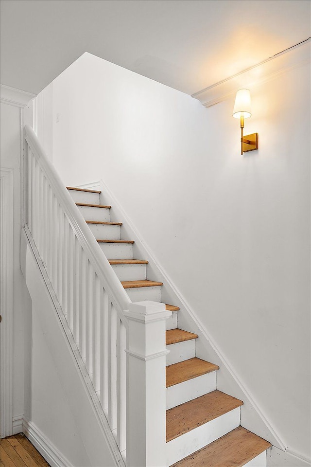 staircase with wood-type flooring