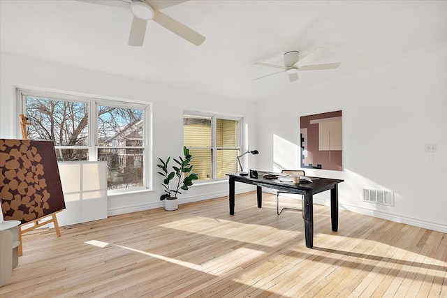 office area featuring light hardwood / wood-style floors and ceiling fan