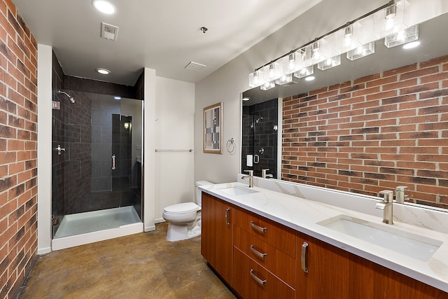 bathroom with toilet, vanity, an enclosed shower, and concrete floors