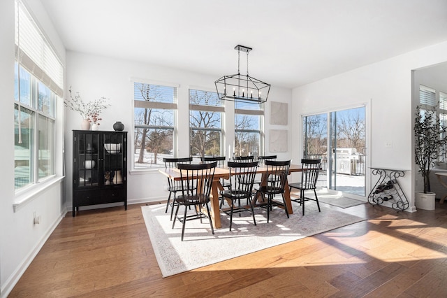 dining area with hardwood / wood-style flooring and a notable chandelier