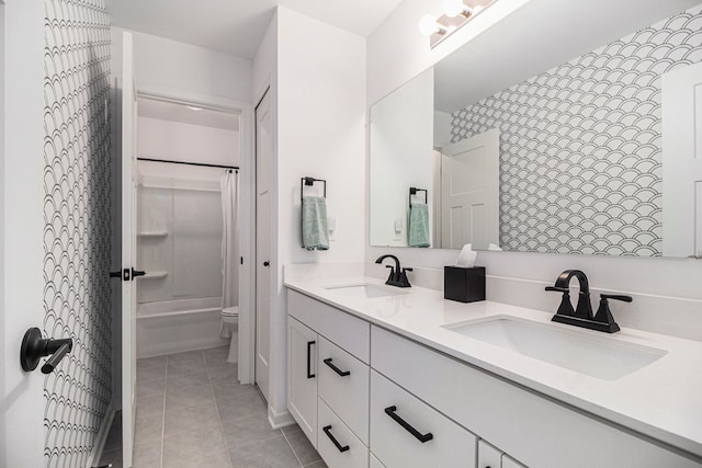 full bathroom with tile patterned flooring, vanity, shower / tub combo with curtain, and toilet