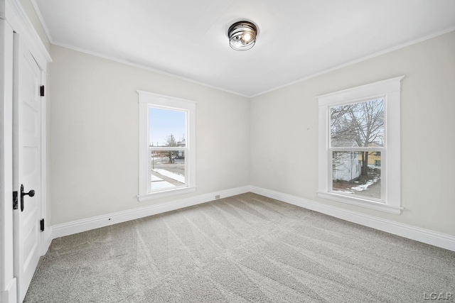 carpeted empty room featuring ornamental molding and plenty of natural light