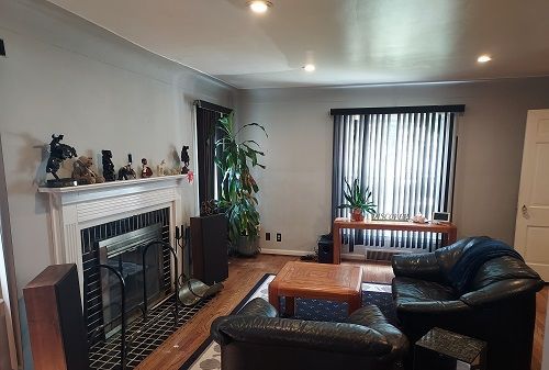 16146 Chapel St, Detroit, MI 48219 - living room with wood finished floors, a fireplace, radiator, and recessed lighting