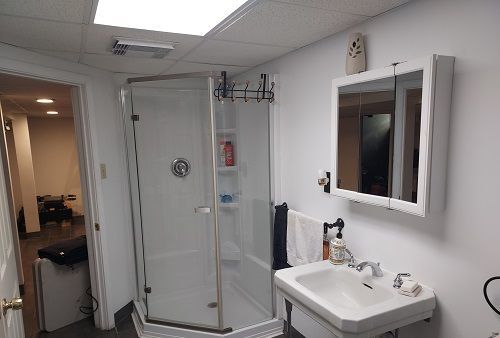 16146 Chapel St, Detroit, MI 48219 - full bathroom featuring a stall shower, a sink, and a drop ceiling