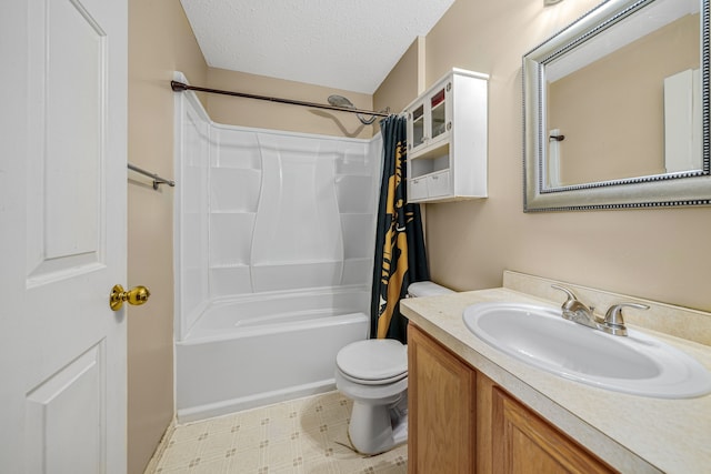 full bathroom featuring vanity, shower / tub combo, a textured ceiling, and toilet