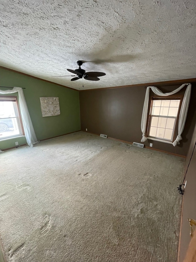 spare room with ceiling fan, carpet flooring, crown molding, and a textured ceiling