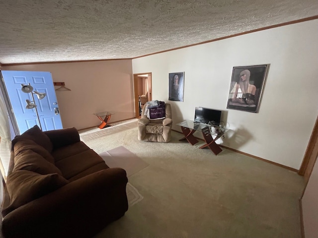 living room with ornamental molding, carpet flooring, and a textured ceiling