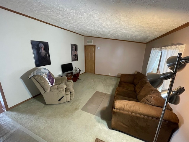 carpeted living room featuring crown molding and a textured ceiling