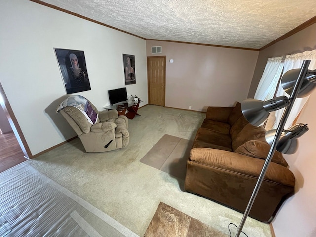 living room with ornamental molding, carpet, and a textured ceiling