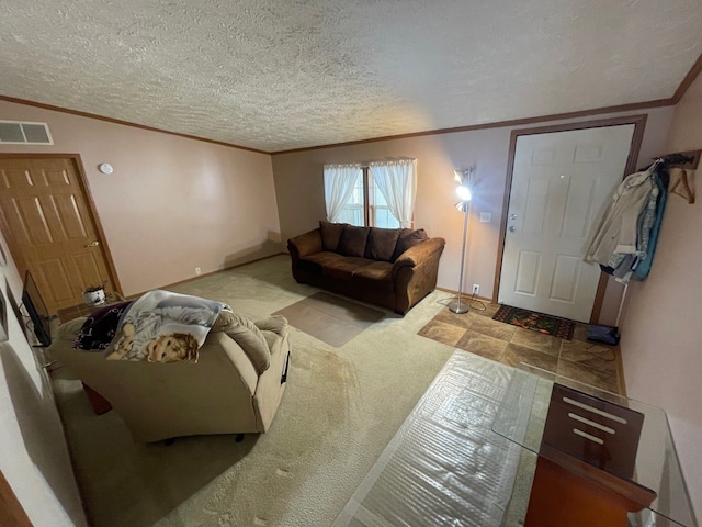 carpeted living room with crown molding and a textured ceiling