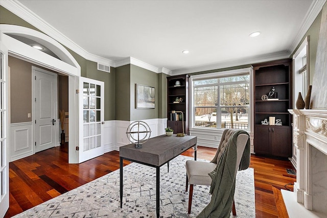1419 Henrietta St, Birmingham, MI 48009 - office area featuring visible vents, wainscoting, wood finished floors, and french doors