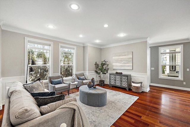 living area with a wainscoted wall, ornamental molding, wood finished floors, and recessed lighting