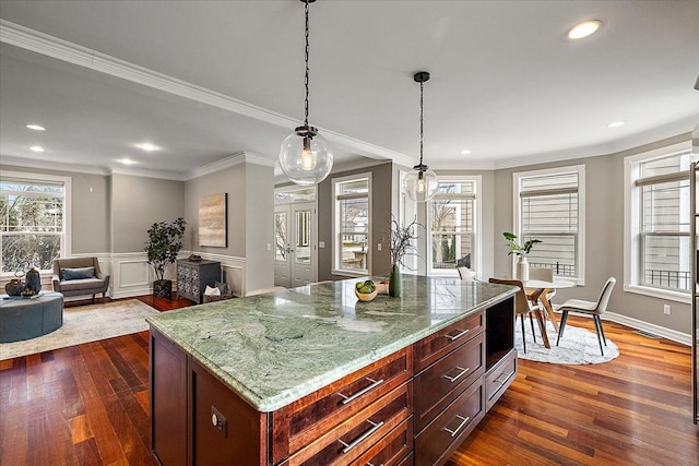 1419 Henrietta St, Birmingham, MI 48009 - kitchen with crown molding, light stone countertops, hanging light fixtures, dark wood finished floors, and recessed lighting