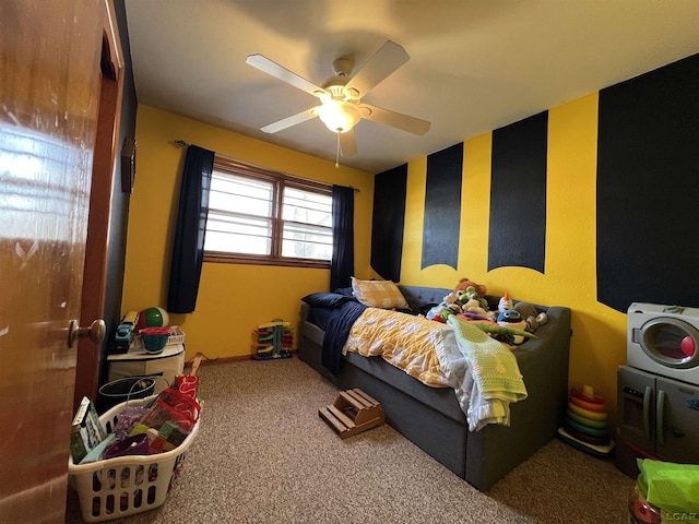 bedroom with ceiling fan and carpet flooring