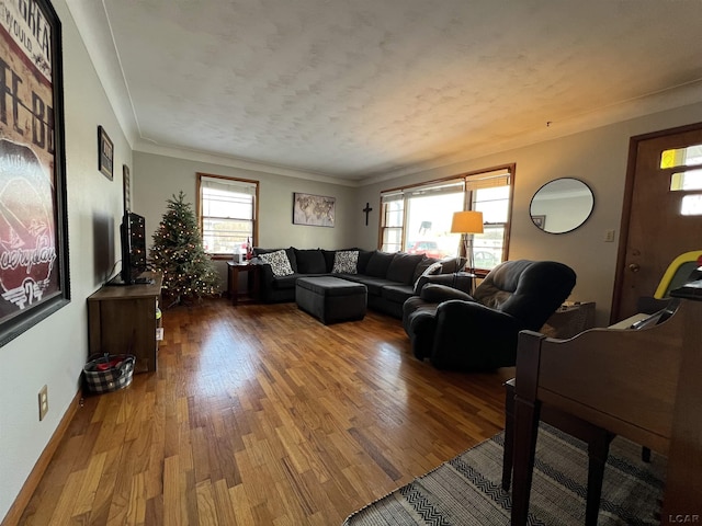 living room featuring hardwood / wood-style flooring, ornamental molding, and a wealth of natural light