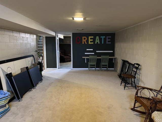 basement featuring light carpet