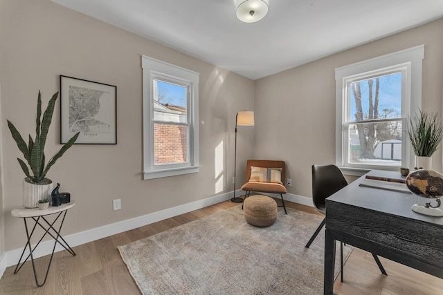 office with light hardwood / wood-style floors and a wealth of natural light