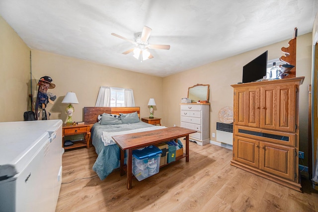 bedroom with ceiling fan and light wood-type flooring