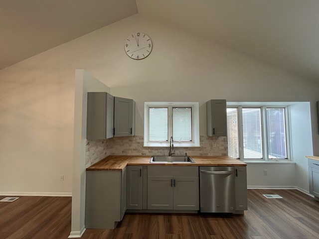 kitchen with gray cabinets, butcher block countertops, dishwasher, sink, and plenty of natural light