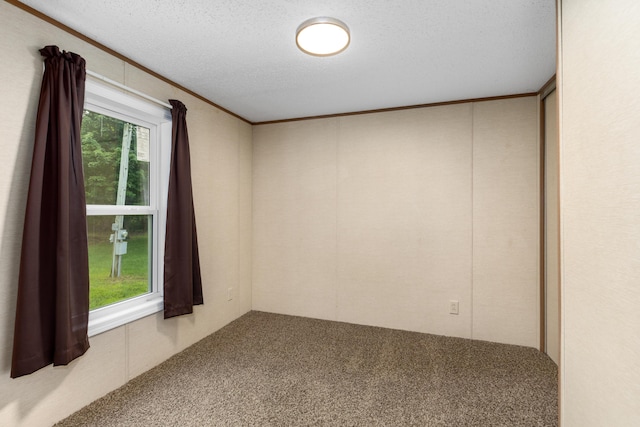 carpeted empty room featuring a textured ceiling and crown molding