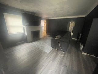 living room with ornamental molding and wood-type flooring