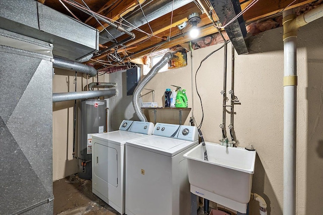 laundry room with water heater, sink, and washing machine and clothes dryer