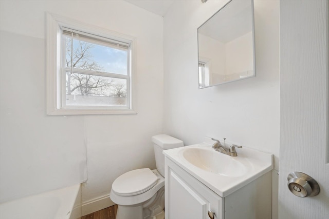 bathroom featuring toilet, vanity, and hardwood / wood-style flooring