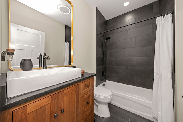 full bathroom with vanity, toilet, tile patterned floors, and shower / bathtub combination with curtain