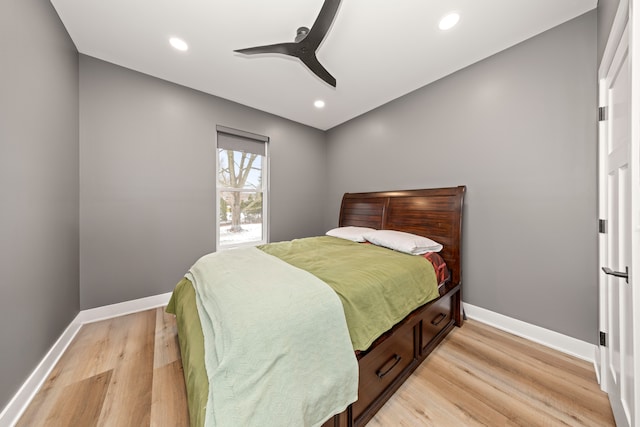 bedroom featuring ceiling fan and light wood-type flooring