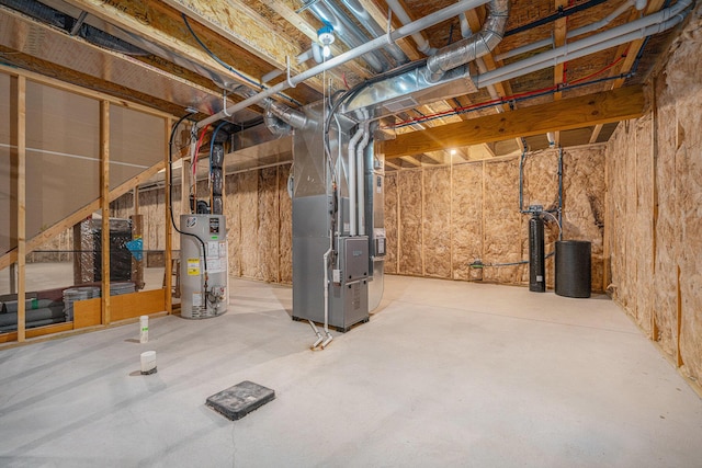 basement with heating unit and gas water heater
