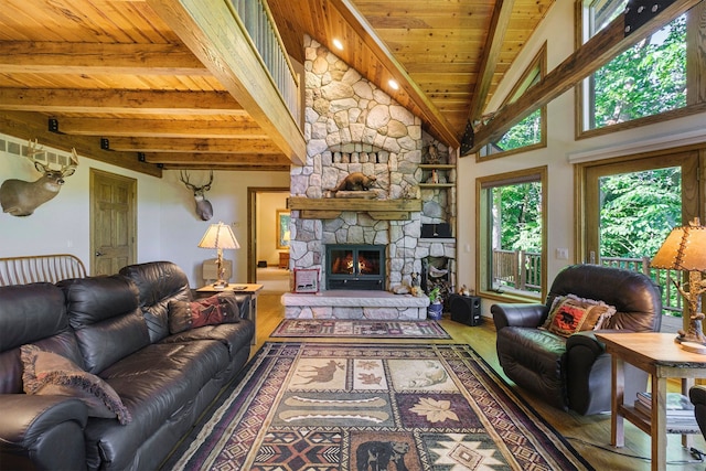 living room with high vaulted ceiling, beamed ceiling, wooden ceiling, and a stone fireplace