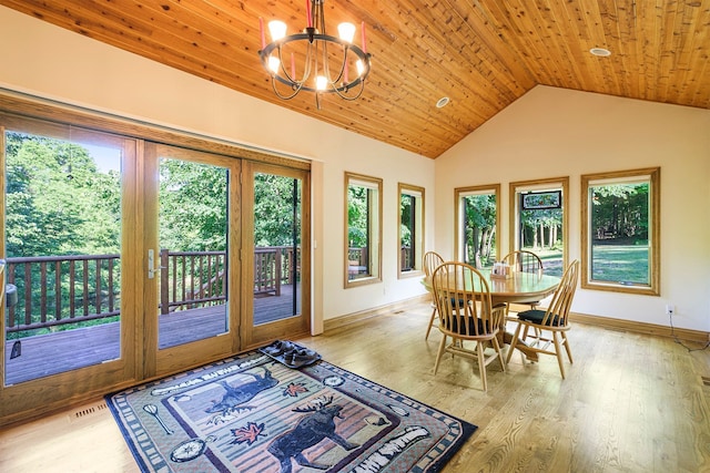 dining room featuring an inviting chandelier, vaulted ceiling, wooden ceiling, and light wood-type flooring