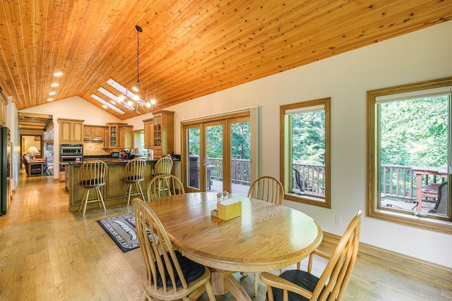 dining area featuring lofted ceiling, a healthy amount of sunlight, wood ceiling, and light hardwood / wood-style floors