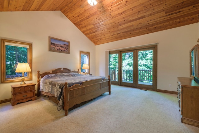 bedroom with high vaulted ceiling, wooden ceiling, access to exterior, and light colored carpet