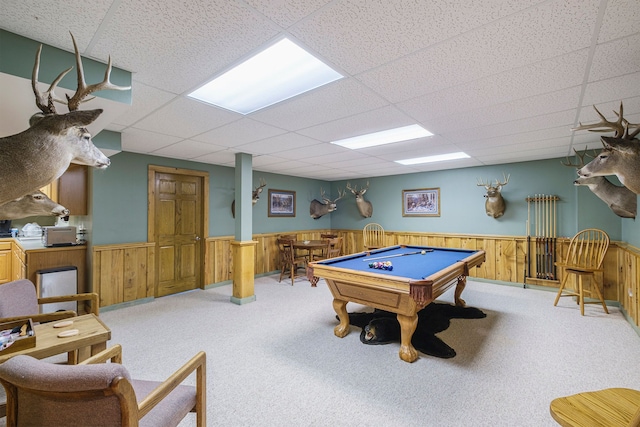 recreation room featuring pool table, a paneled ceiling, and carpet flooring