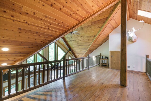 bonus room with ceiling fan, lofted ceiling, hardwood / wood-style floors, and wood ceiling