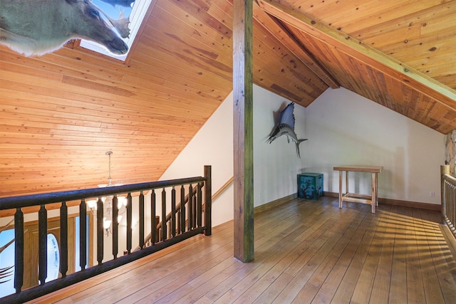 additional living space with hardwood / wood-style flooring, vaulted ceiling with beams, and wood ceiling