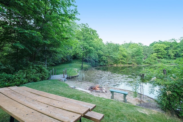 view of home's community featuring a water view and a lawn