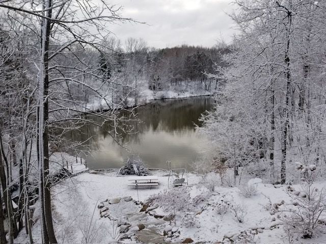 snowy view with a water view