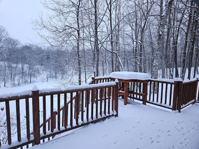 view of snow covered deck