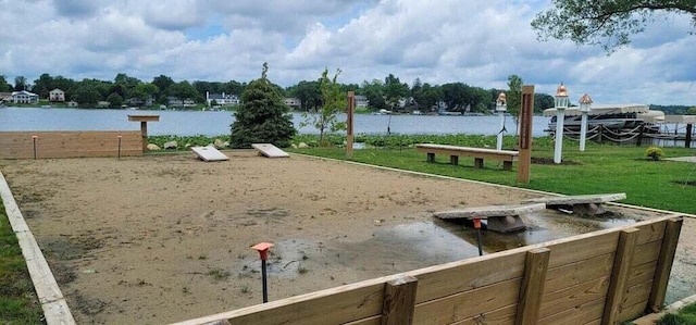 view of property's community featuring a water view and a yard