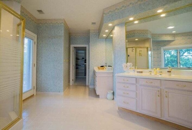 bathroom with a shower with shower door, a healthy amount of sunlight, and vanity