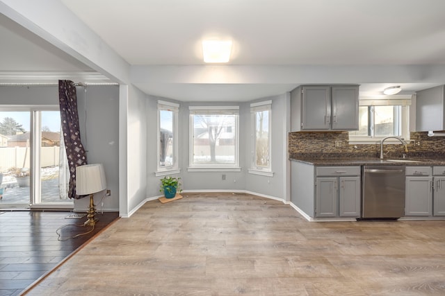 kitchen featuring tasteful backsplash, dishwasher, gray cabinets, and light hardwood / wood-style flooring