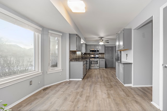 kitchen featuring stainless steel appliances, sink, decorative backsplash, and gray cabinets