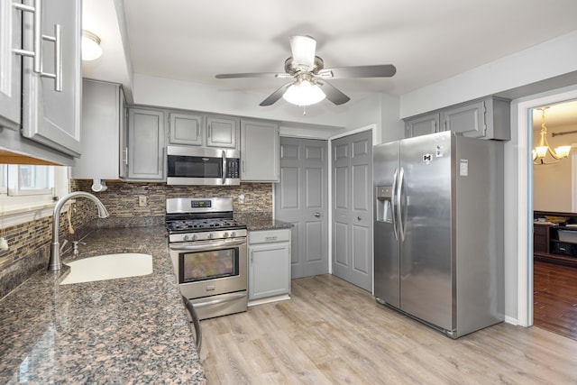 kitchen with stainless steel appliances, gray cabinetry, tasteful backsplash, and sink