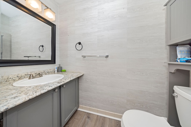 bathroom with toilet, vanity, and wood-type flooring