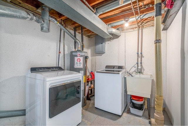 laundry room with washing machine and clothes dryer, sink, and water heater