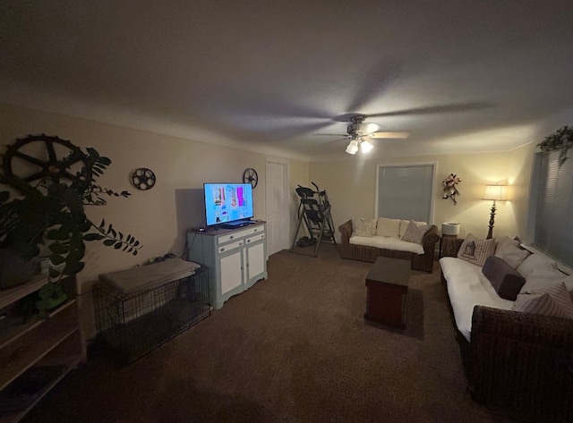 living area featuring carpet floors and a ceiling fan